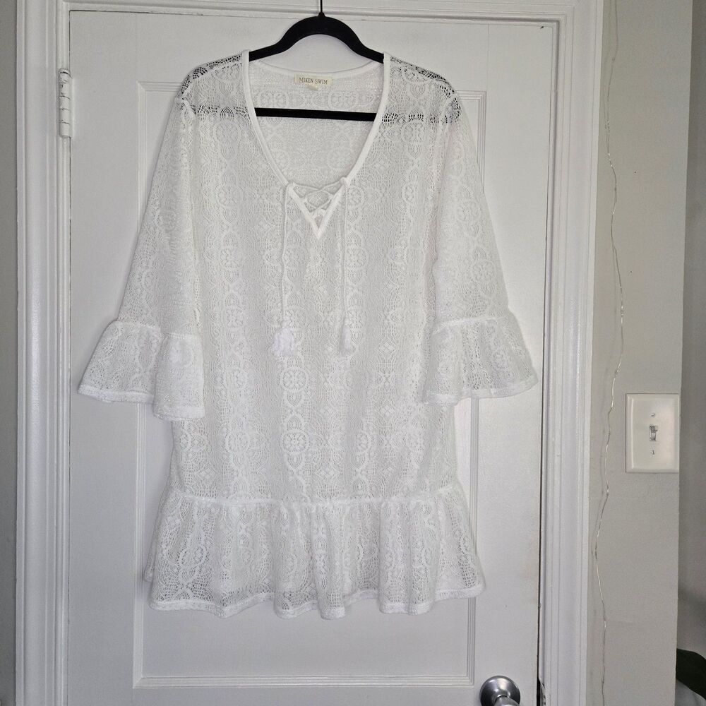 Miken Lace Cover Up White Sheer Bell Sleeve Ruffle Hem Womens Large
